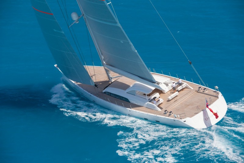 the 150-foot unfurled sailing yacht features an elegant